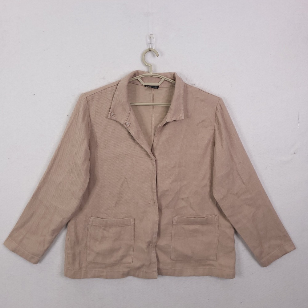 Eileen Fisher Jacket Blazer M Tan Organic Linen Cotton Snap Front Utility